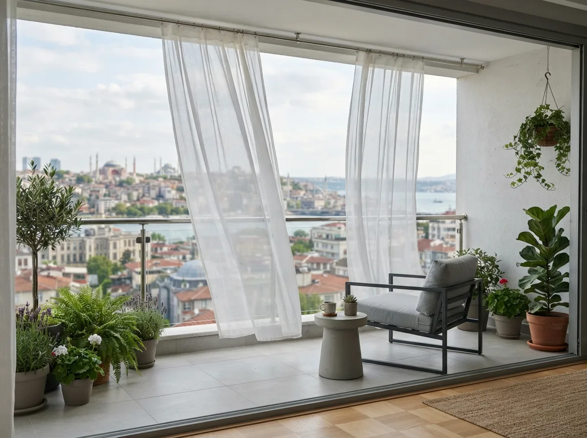 Açık Balkon Perdesi · modern dekorasyonla · Gaziantep perde atölyesi — ücretsiz keşif