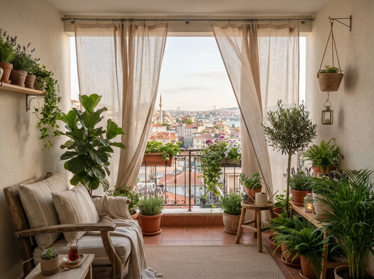 Açık Balkon Perdesi · sıcak tonlarda · Antep Perdeci uygulaması
