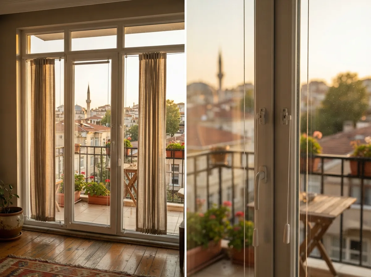 Balkon Camı Perdesi · akşam ışığında · Antep Perdeci uygulaması