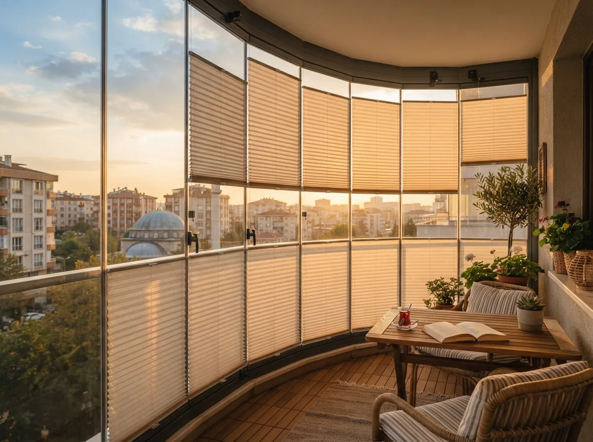 Cam Balkon Perdesi (Plise) · akşam ışığında · Şehitkamil ve Şahinbey perde atölyesi