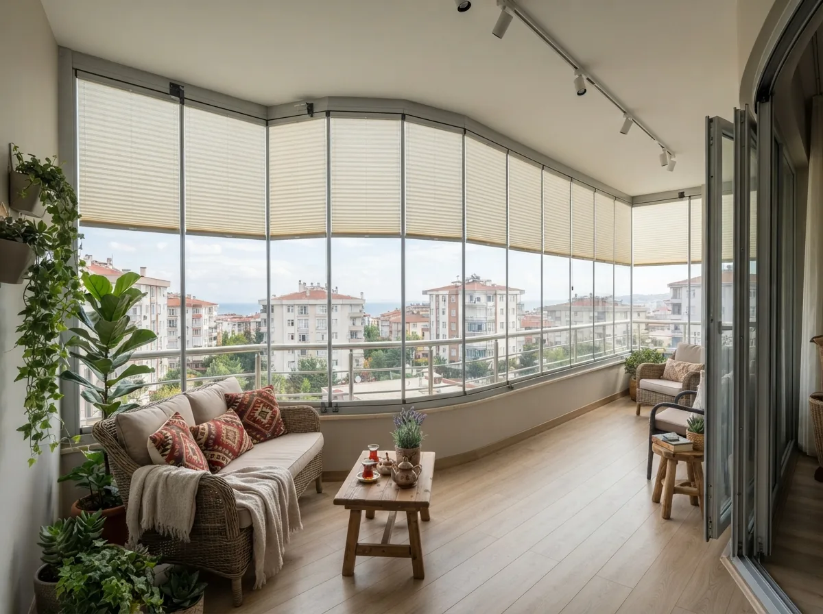 Cam Balkon Perdesi (Plise) · geniş açıdan · Gaziantep'te ölçü, dikim ve montaj