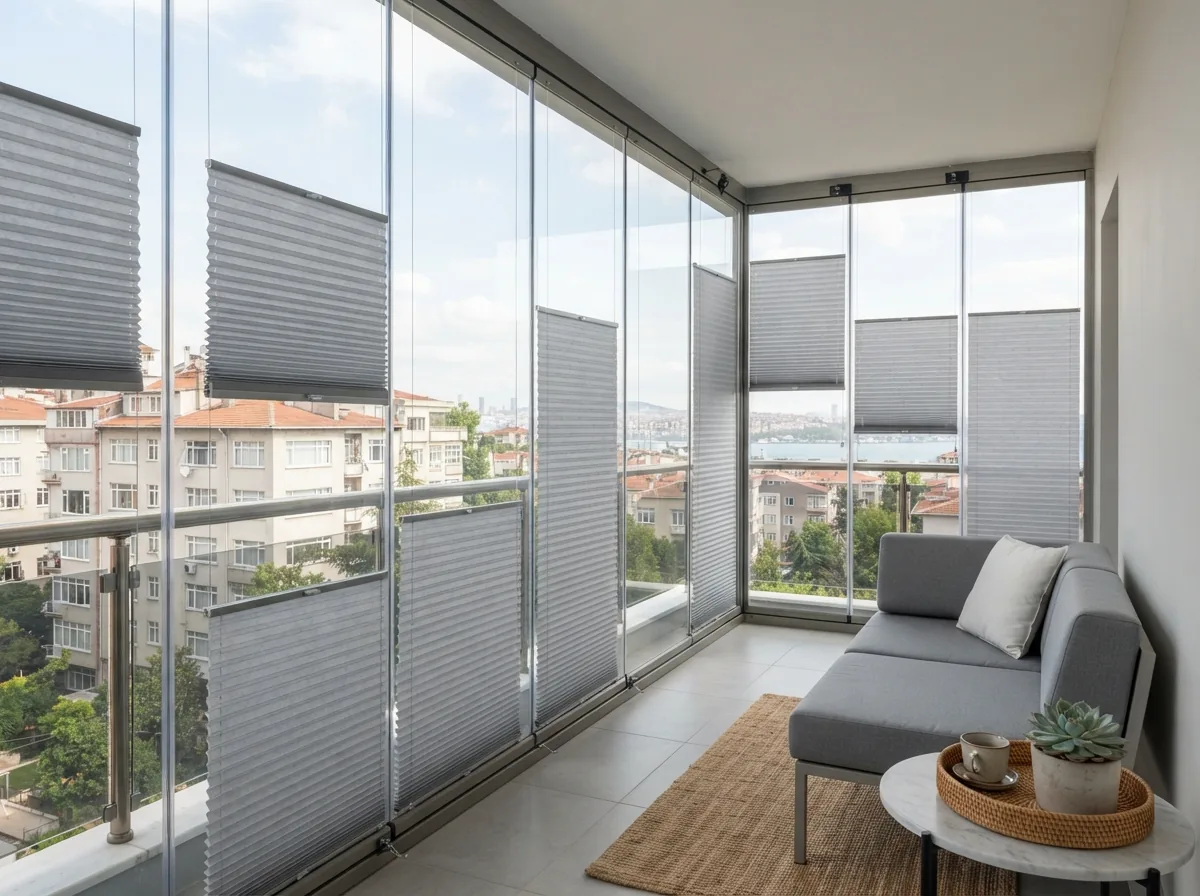Cam Balkon Perdesi (Plise) · modern dekorasyonla · Gaziantep perde atölyesi — ücretsiz keşif
