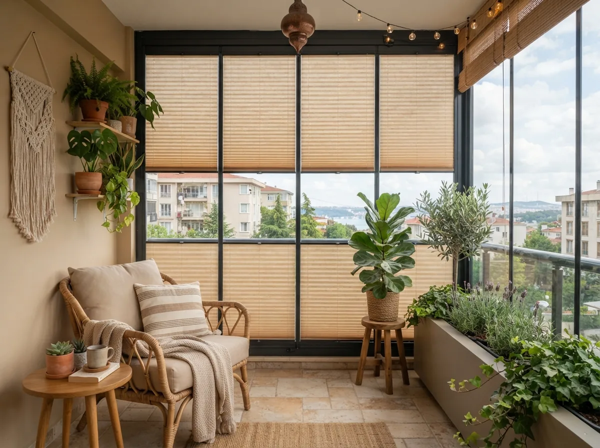 Cam Balkon Perdesi (Plise) · sıcak tonlarda · Antep Perdeci uygulaması