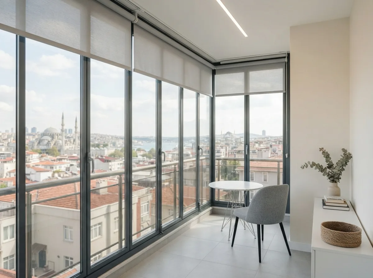 Cam Balkon Perdesi (Stor) · modern dekorasyonla · Gaziantep perde atölyesi — ücretsiz keşif