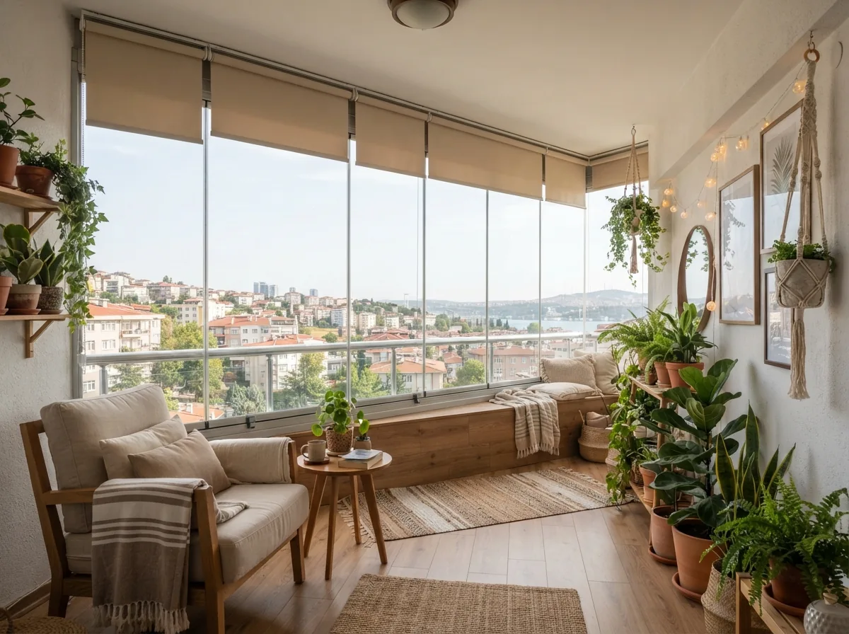 Cam Balkon Perdesi (Stor) · sıcak tonlarda · Antep Perdeci uygulaması