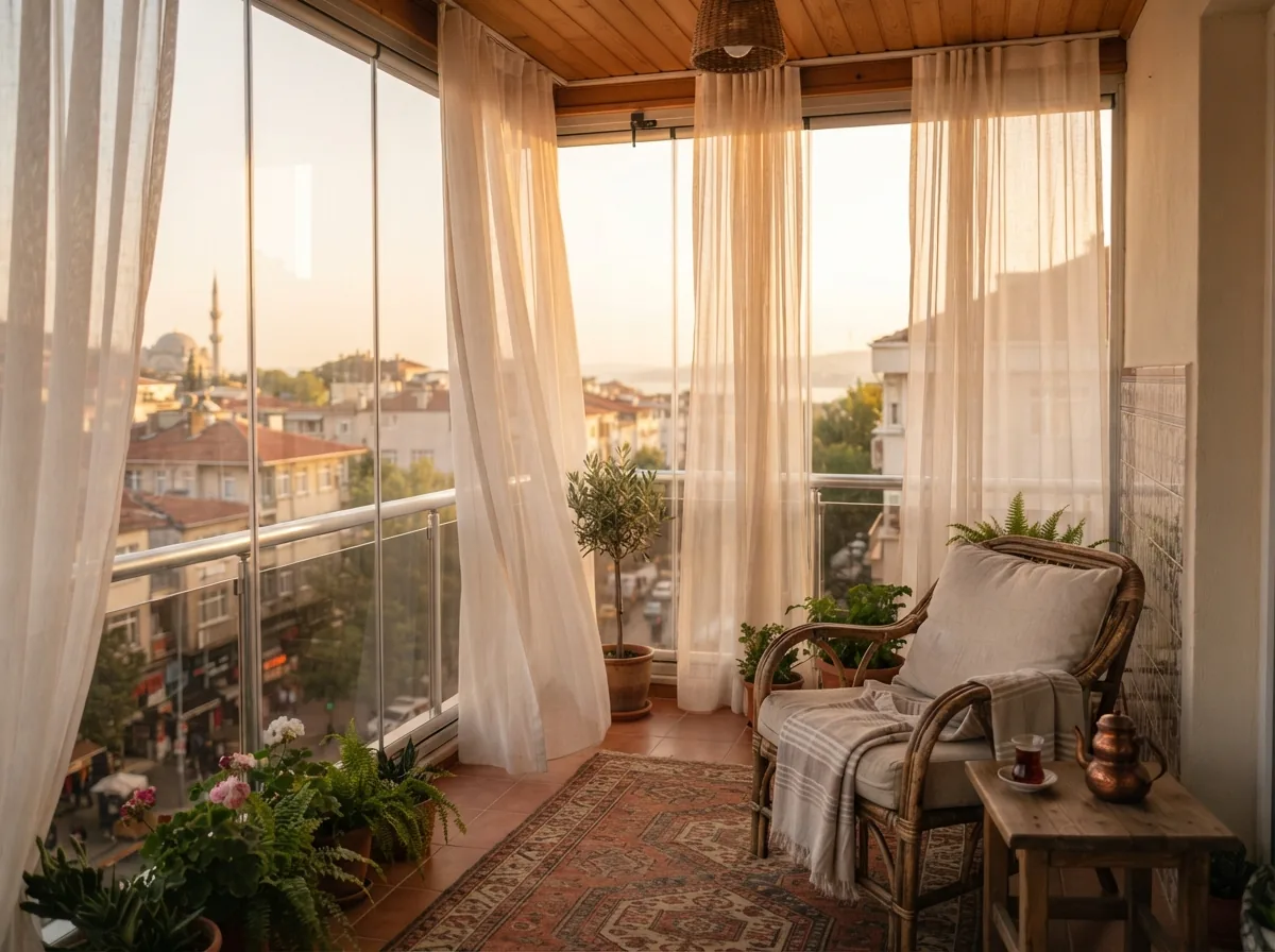 Cam Balkon Tül Perde · akşam ışığında · Antep Perdeci · Gaziantep