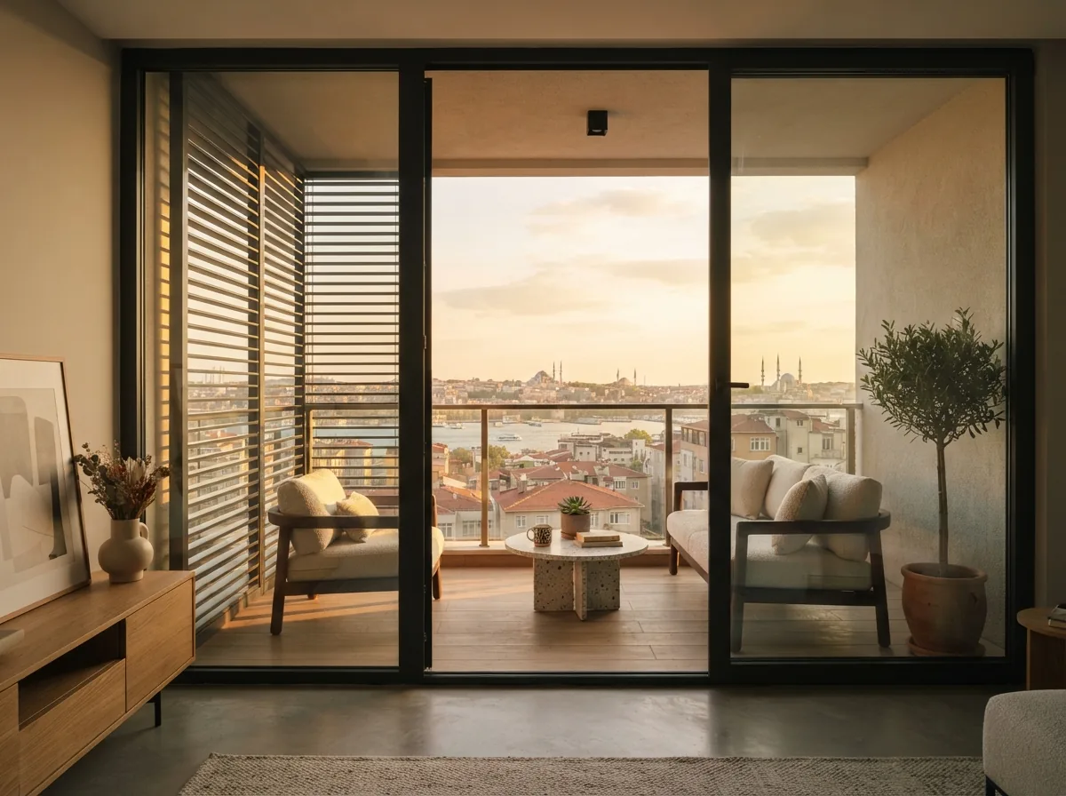 Modern Balkon Perdesi · akşam ışığında · Gaziantep'te ölçü, dikim ve montaj