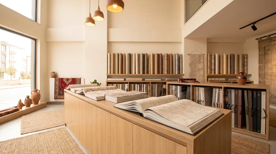 Duvar kağıdı desen katalogları ve showroom seçim alanı — Gaziantep